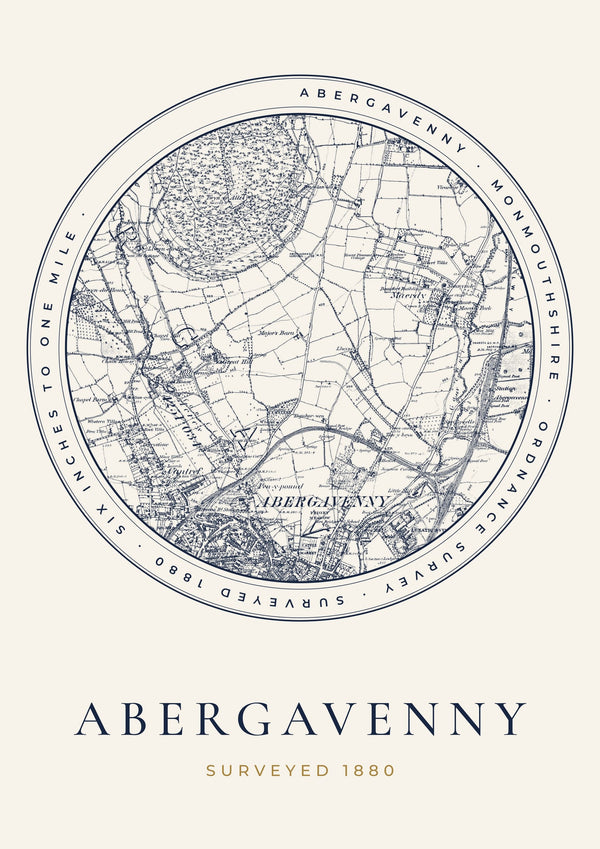 Abergavenny in 1880 Old Map Print — Roundel