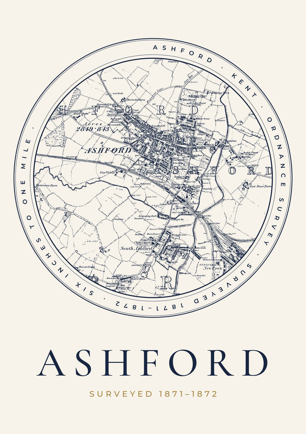 Ashford in 1872 Old Map Print — Roundel