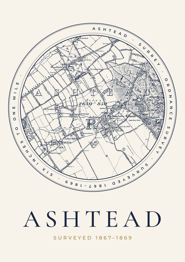 Ashtead in 1869 Old Map Print — Roundel