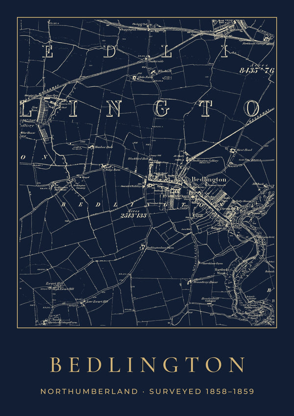 Bedlington in 1859 Old Map Print — Night Ink