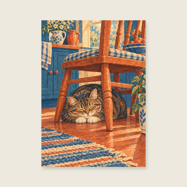 tabby asleep under a kitchen chair Art Print