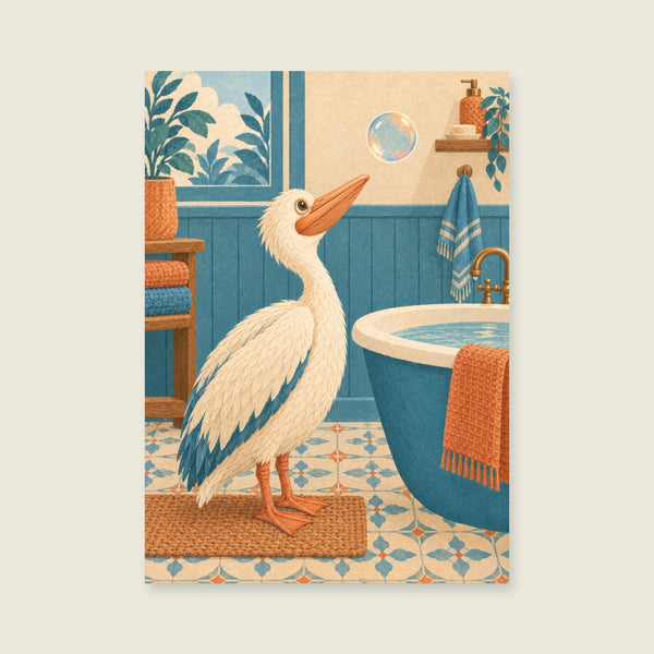 pelican looking at one drifting soap bubble Art Print