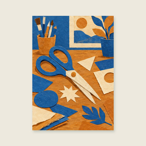 Oversized scissors and paper shapes across a workbench Art Print