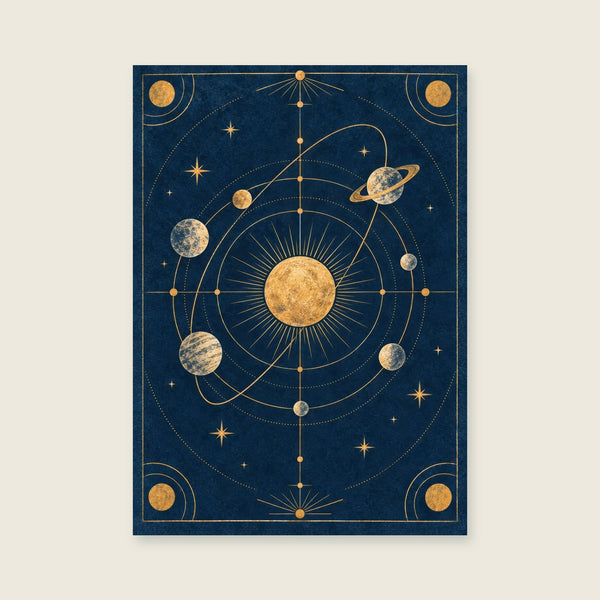 Stylised orbital arcs around one golden sphere Art Print