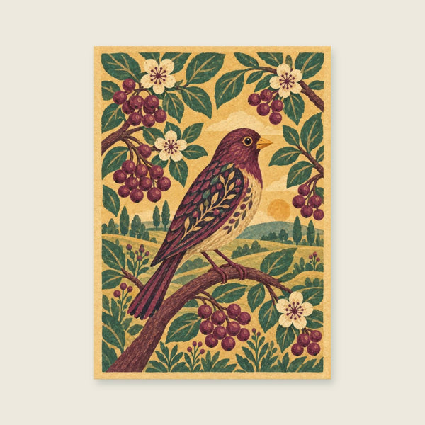 finch among broad berries and leaves Art Print