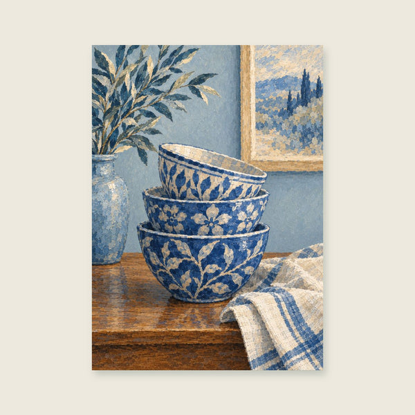 Stacked blue and white bowls Art Print