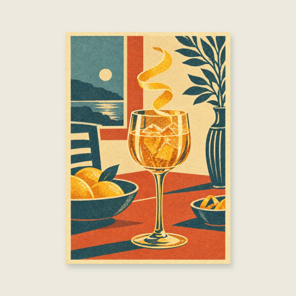 Lemon peel curling above a gold goblet Art Print