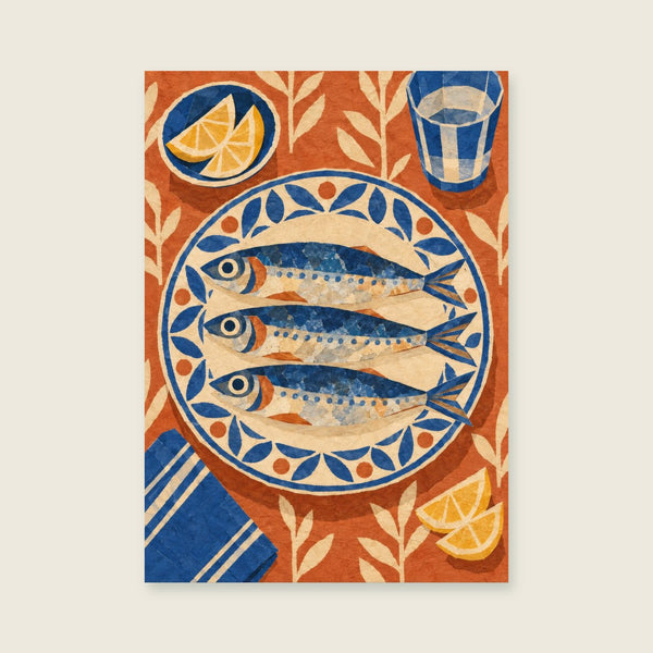 Three stylised sardines on a patterned plate Art Print
