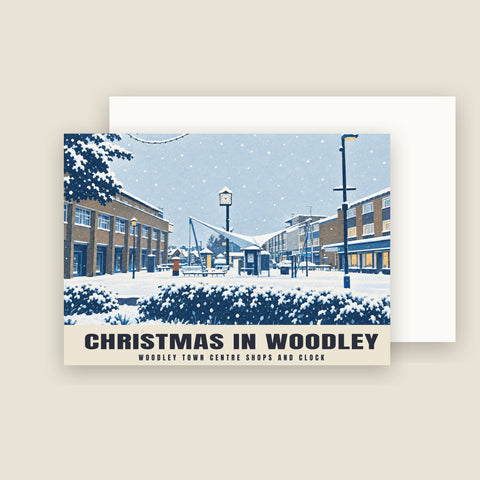 Woodley town centre shops and clock, Woodley Christmas Cards (Pack of 10)