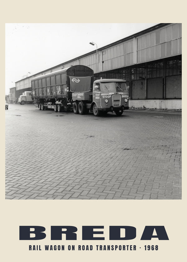 Rail wagon on road transporter, Breda — 1968 · Historic photograph print