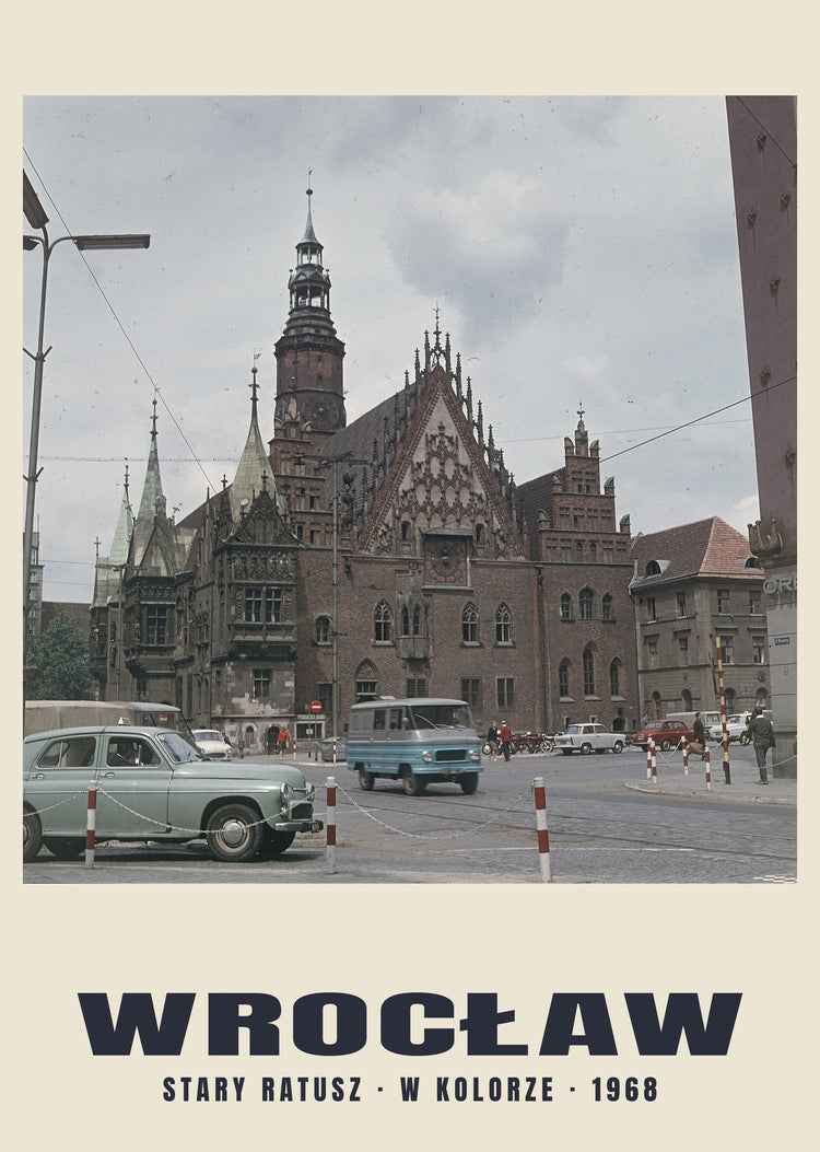 Old Town Hall and Cars in Colour, Wrocław — 1968 · Historic photograph print
