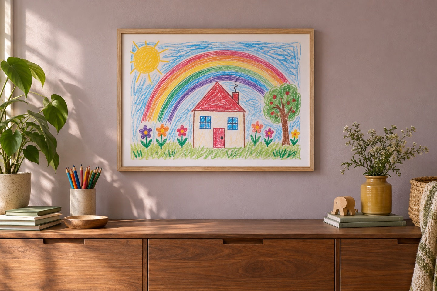 A colourful child’s drawing displayed in an oak frame.