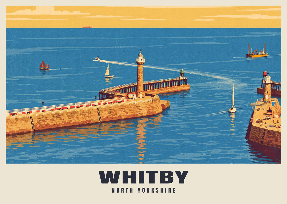 Contemporary Whitby travel poster with bold destination lettering