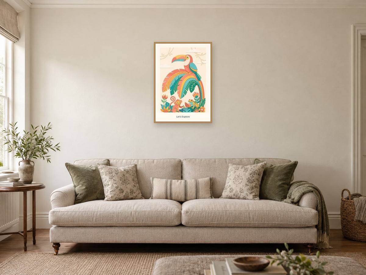 Let’s Explore — Rainbow Rainforest Children’s Art Print at A2, in a natural wood frame, in a sitting room