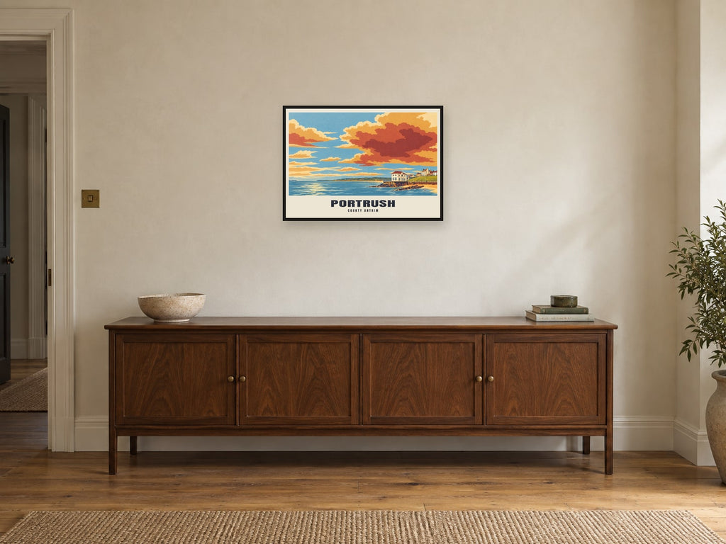 Portrush — Retro Railway Art Print at A2, in a black frame, above a sideboard