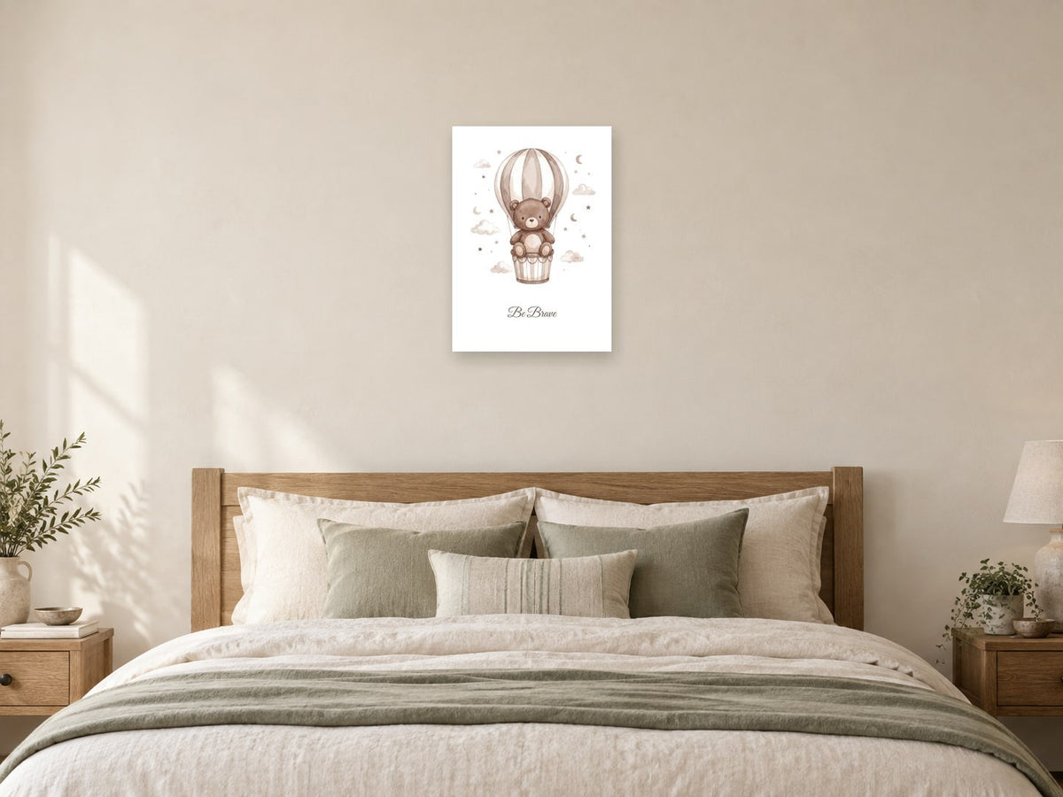 Be Brave — Teddy Sky Adventures Nursery Print at A2, as a poster, above a bed