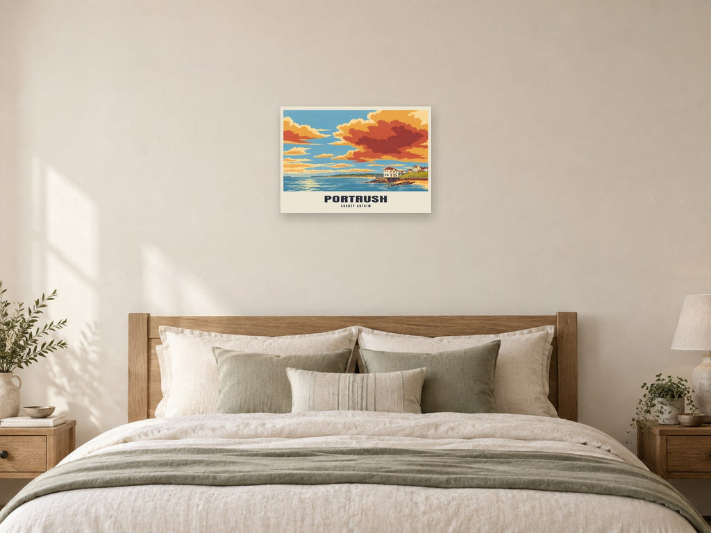 Portrush — Retro Railway Art Print at A2, as a poster, above a bed