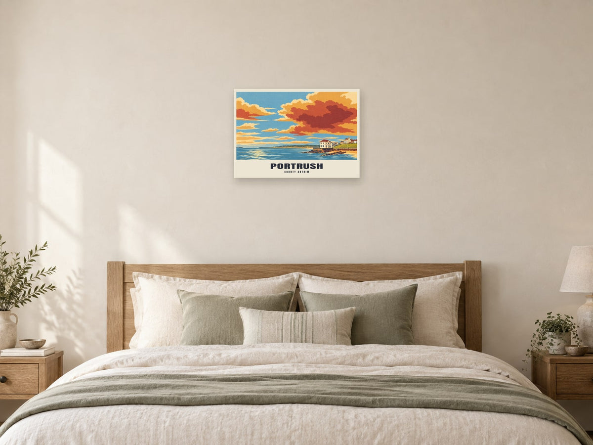 Portrush — Retro Railway Art Print at A2, as a poster, above a bed