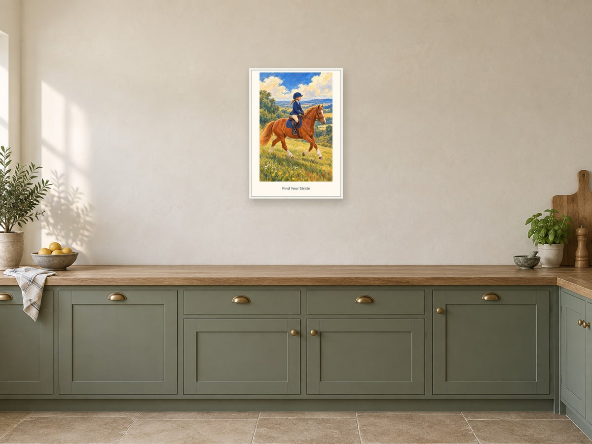 Find Your Stride — Pony Club Children’s Art Print at A2, in a white frame, in a kitchen