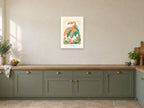 Let’s Explore — Rainbow Rainforest Children’s Art Print at A2, in a white frame, in a kitchen