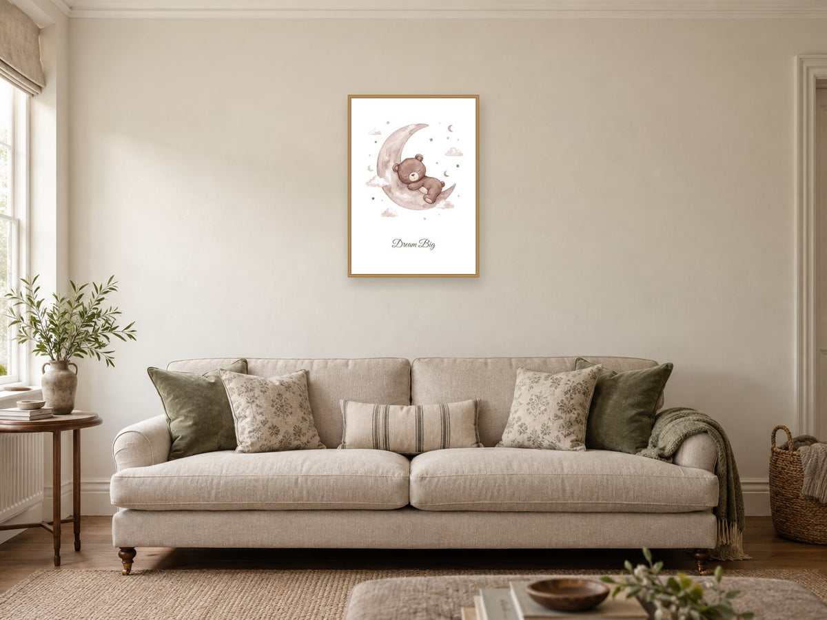Dream Big — Teddy Sky Adventures Nursery Print at A2, in a natural wood frame, in a sitting room