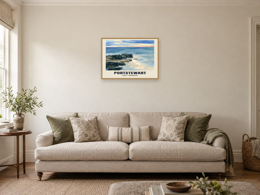 Portstewart — Gouache Art Print at A2, in a natural wood frame, in a sitting room