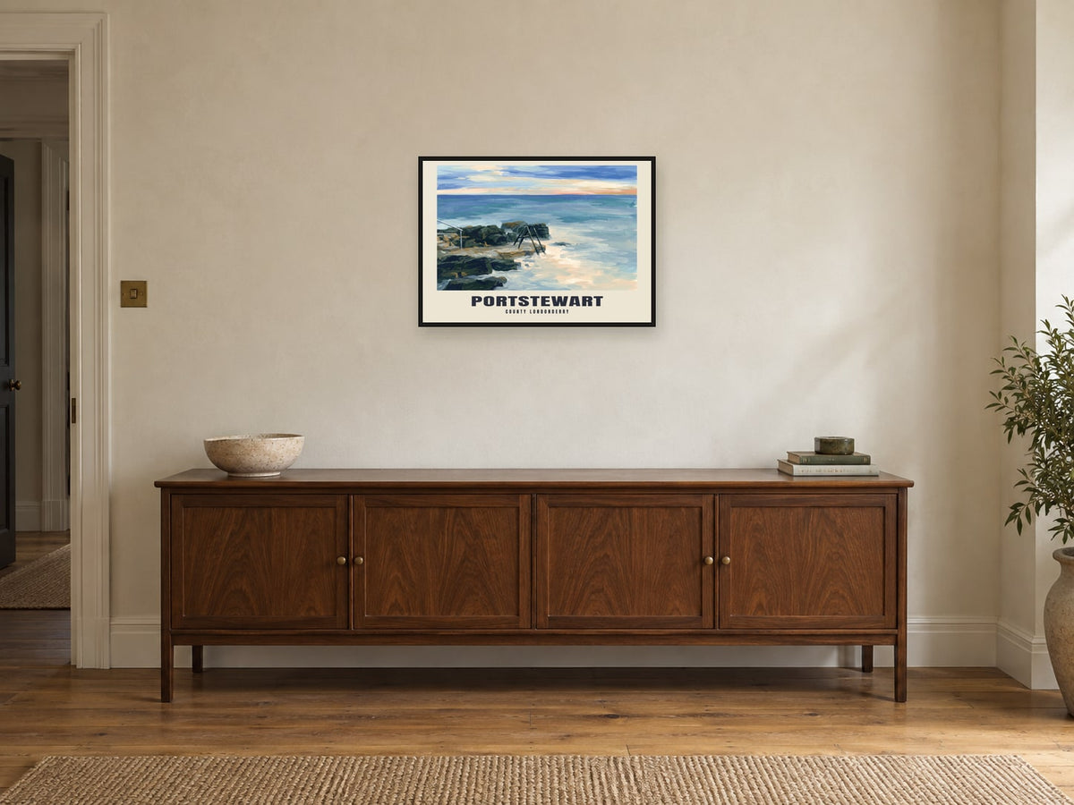 Portstewart — Gouache Art Print at A2, in a black frame, above a sideboard