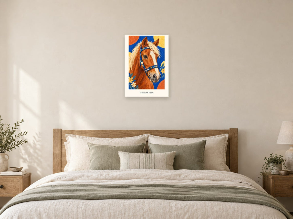 Ride With Heart — Pony Club Children’s Art Print at A2, as a poster, above a bed