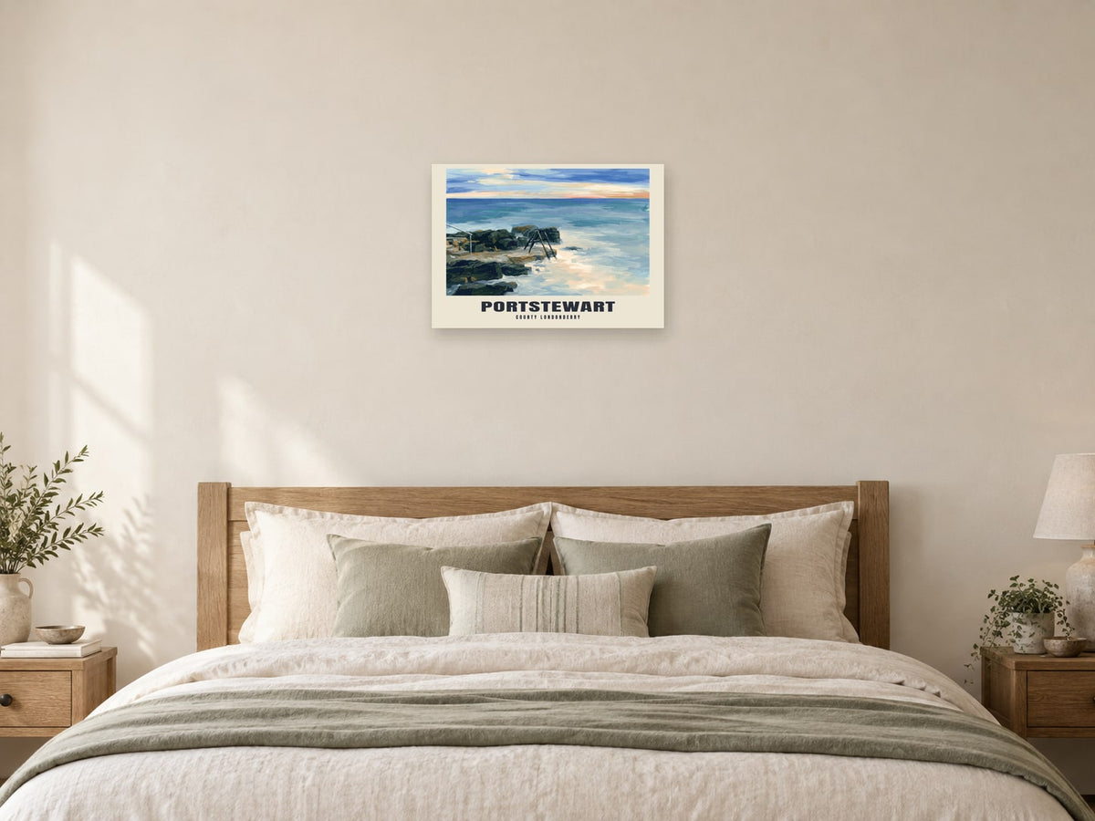 Portstewart — Gouache Art Print at A2, as a poster, above a bed