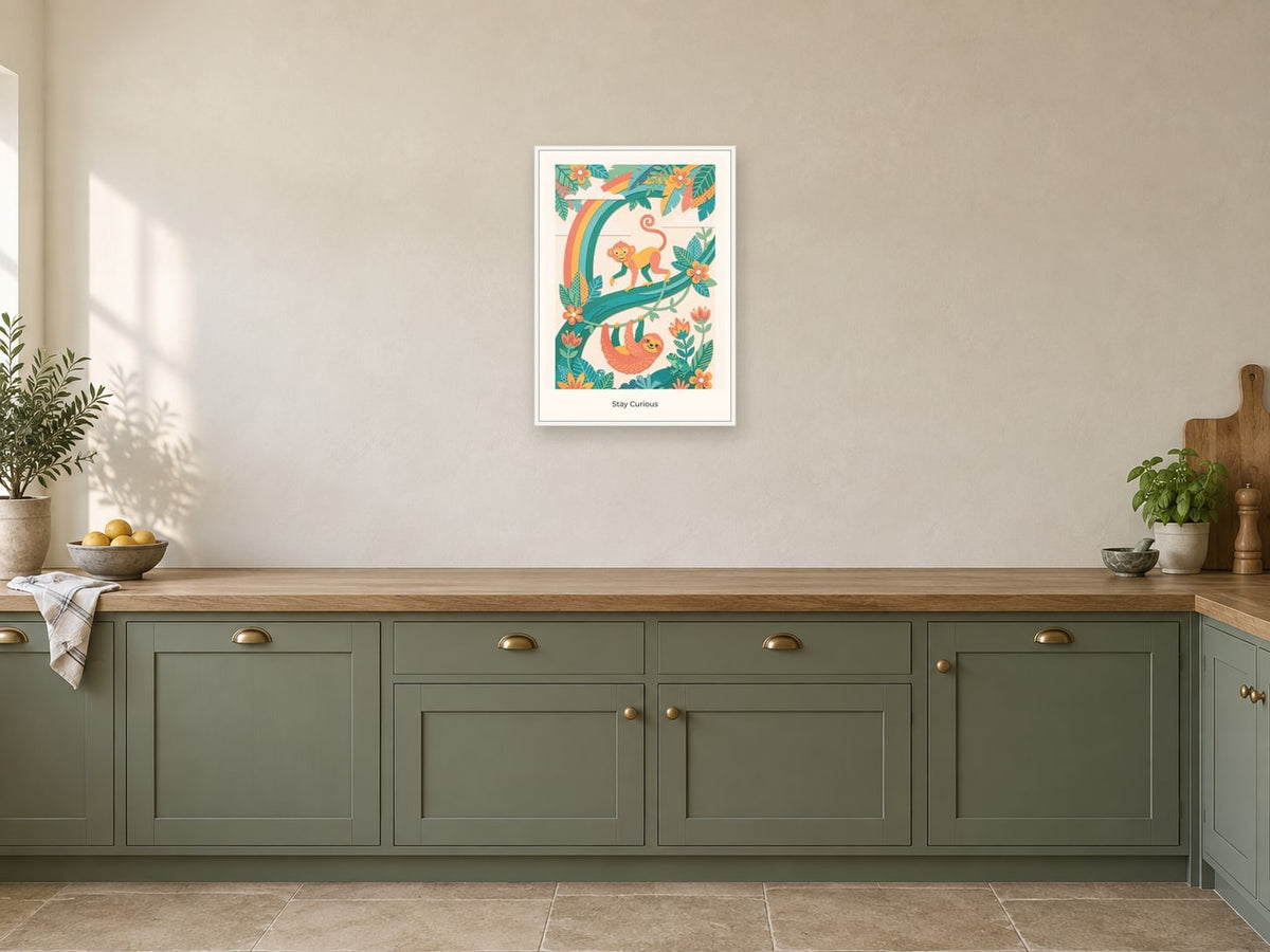 Stay Curious — Rainbow Rainforest Children’s Art Print at A2, in a white frame, in a kitchen
