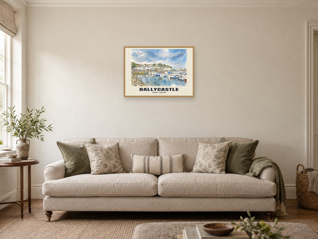 Ballycastle — English Watercolour Art Print at A2, in a natural wood frame, in a sitting room