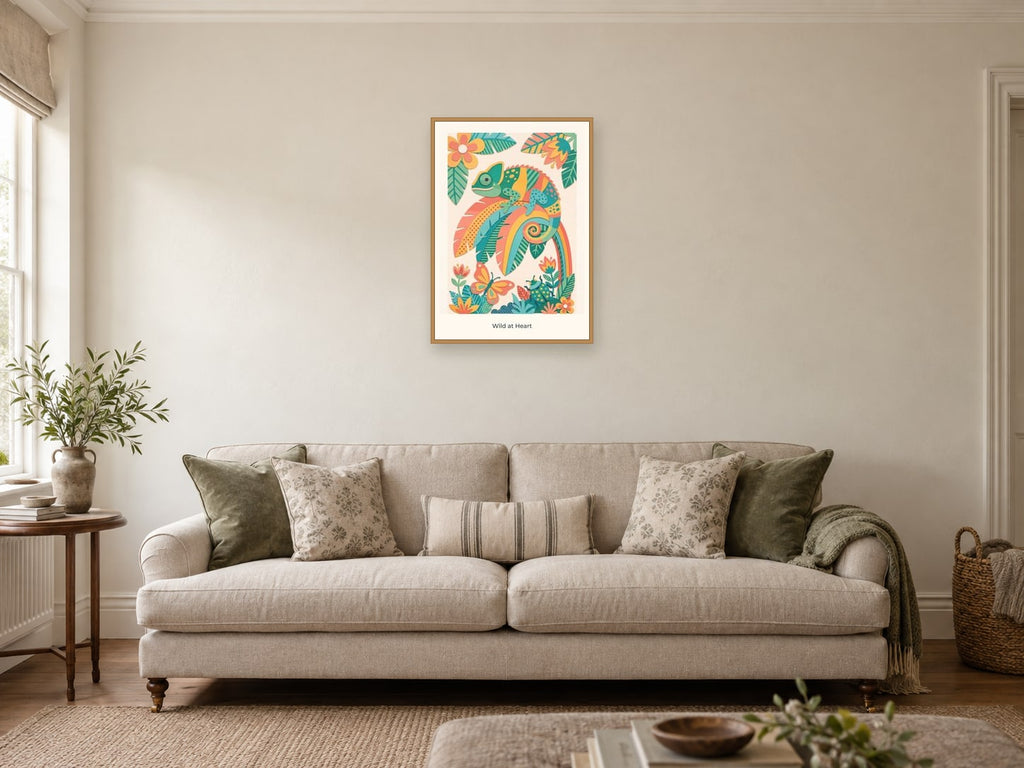 Wild at Heart — Rainbow Rainforest Children’s Art Print at A2, in a natural wood frame, in a sitting room