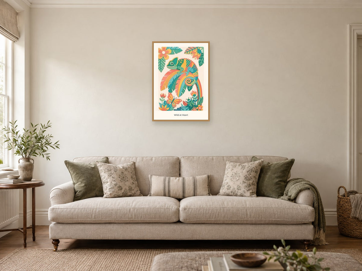 Wild at Heart — Rainbow Rainforest Children’s Art Print at A2, in a natural wood frame, in a sitting room