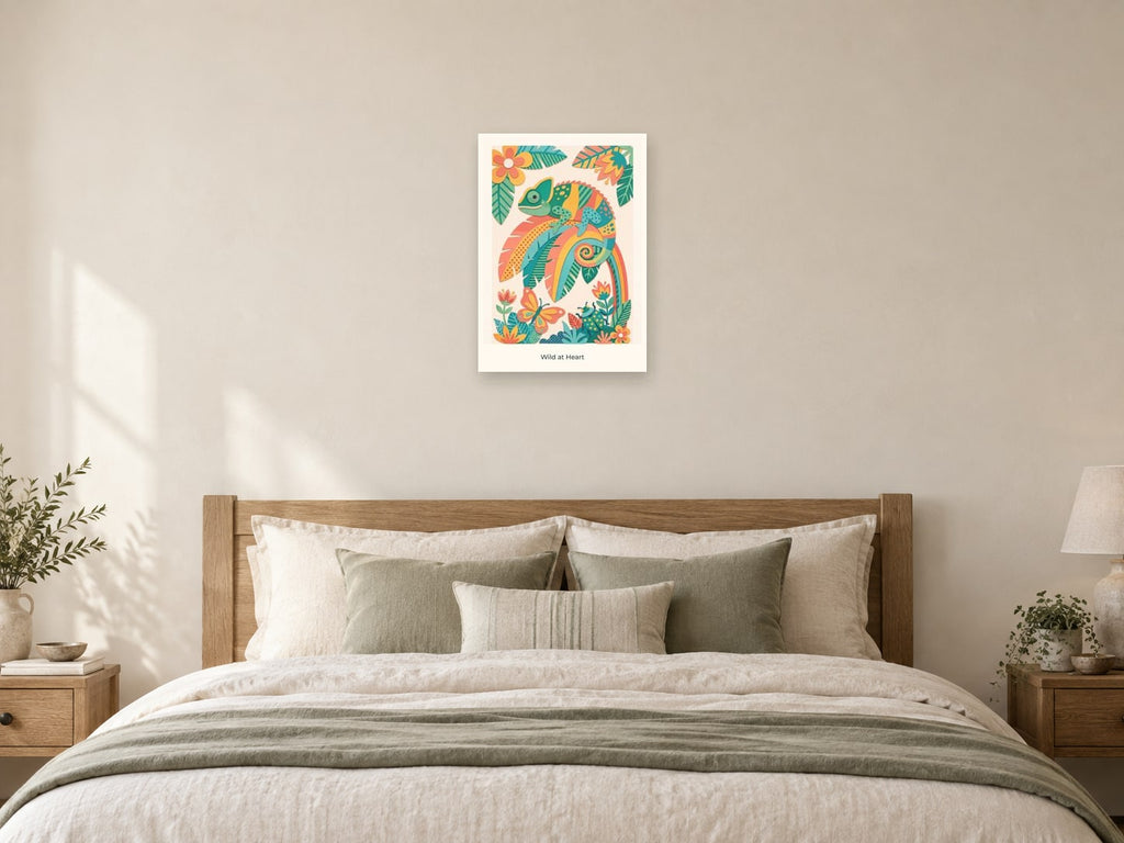 Wild at Heart — Rainbow Rainforest Children’s Art Print at A2, as a poster, above a bed