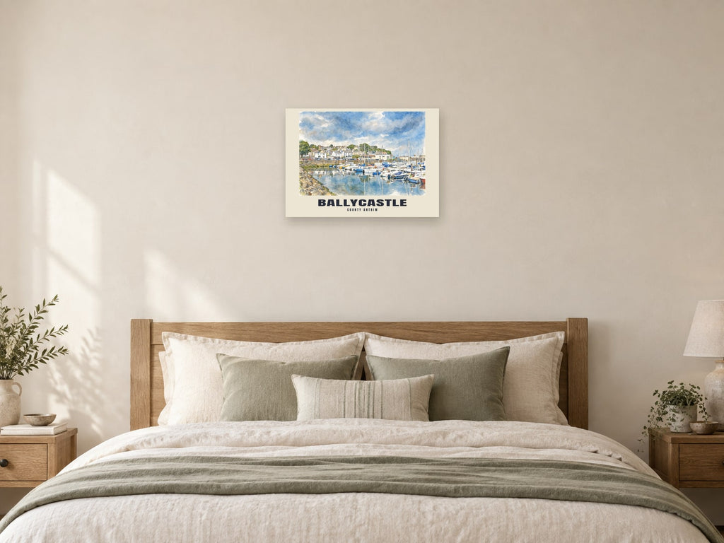 Ballycastle — English Watercolour Art Print at A2, as a poster, above a bed