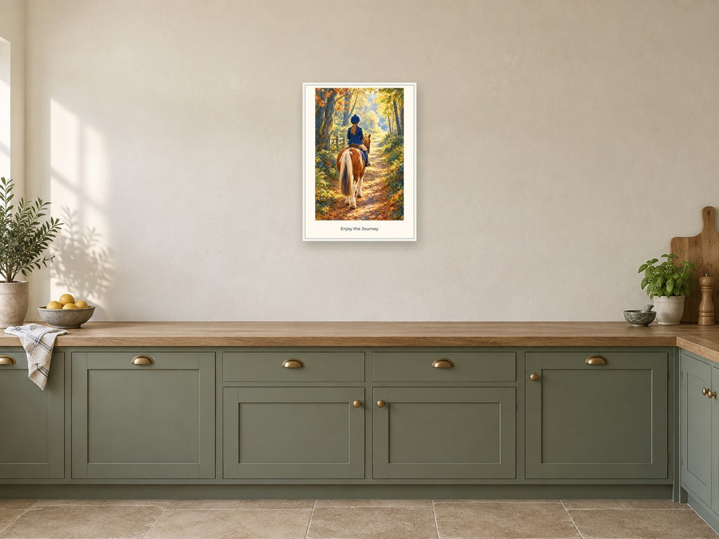 Enjoy the Journey — Pony Club Children’s Art Print at A2, in a white frame, in a kitchen