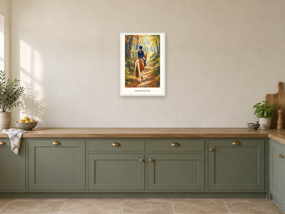 Enjoy the Journey — Pony Club Children’s Art Print at A2, in a white frame, in a kitchen