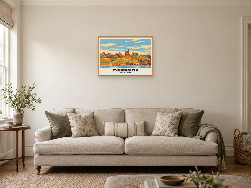 Tynemouth — Retro Railway Art Print at A2, in a natural wood frame, in a sitting room