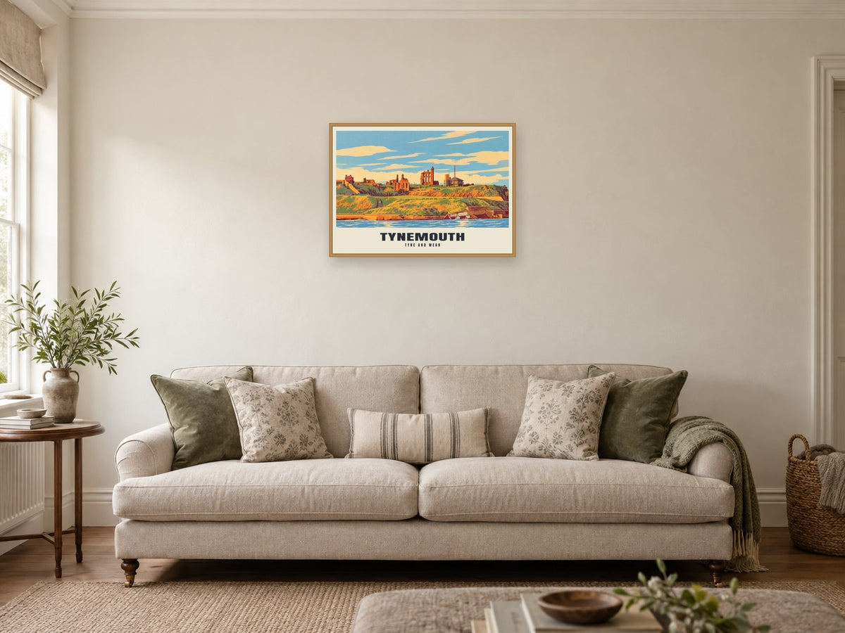 Tynemouth — Retro Railway Art Print at A2, in a natural wood frame, in a sitting room