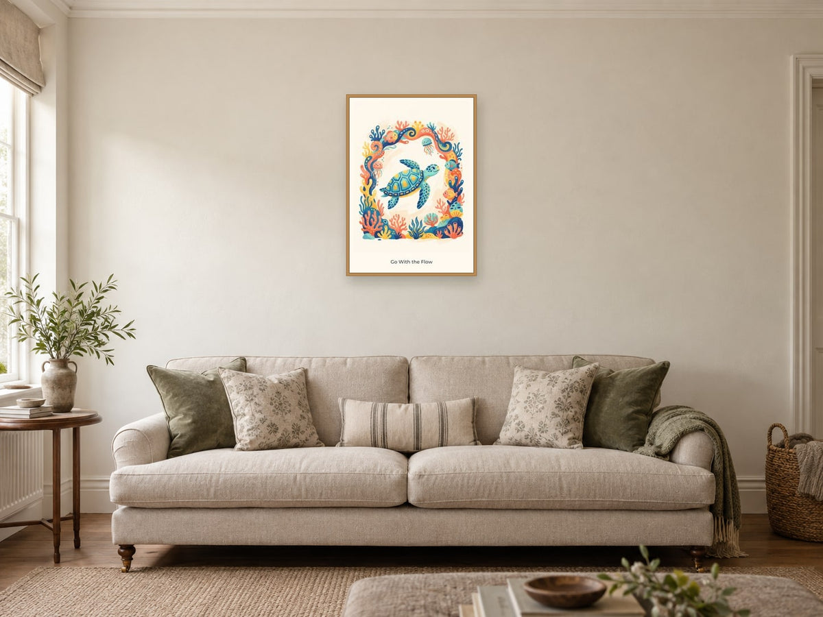 Go With the Flow — Coral Kingdom Children’s Art Print at A2, in a natural wood frame, in a sitting room