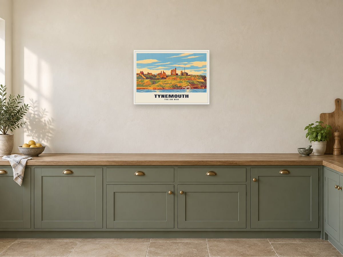 Tynemouth — Retro Railway Art Print at A2, in a white frame, in a kitchen
