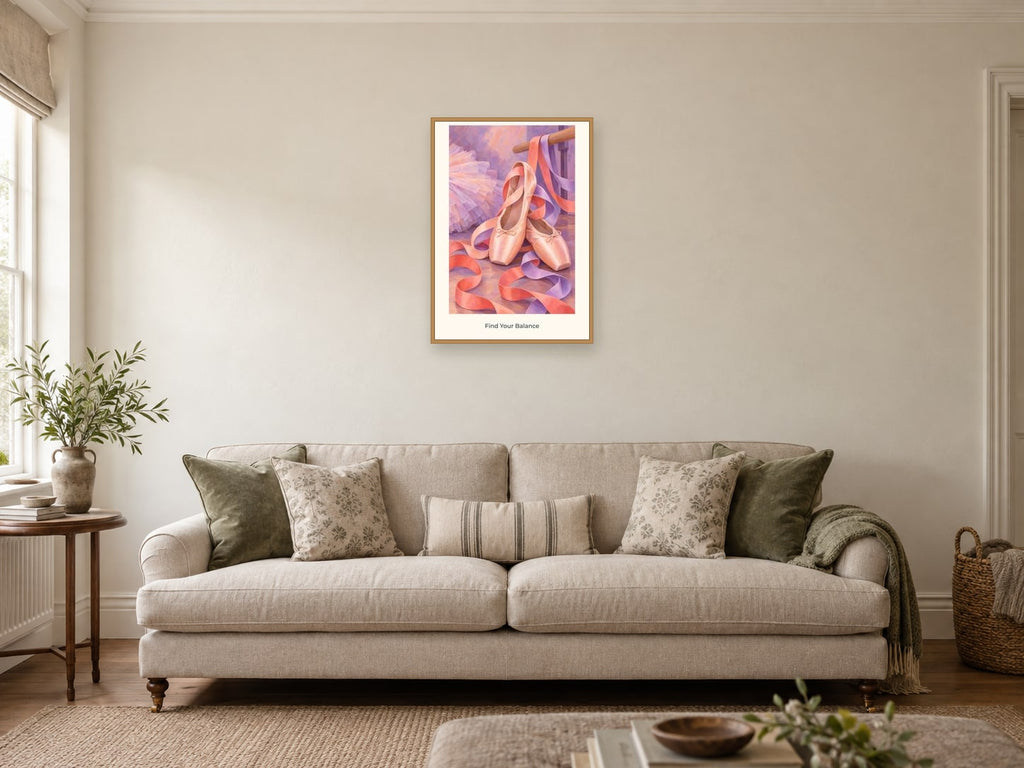 Find Your Balance — Dance Studio Children’s Art Print at A2, in a natural wood frame, in a sitting room