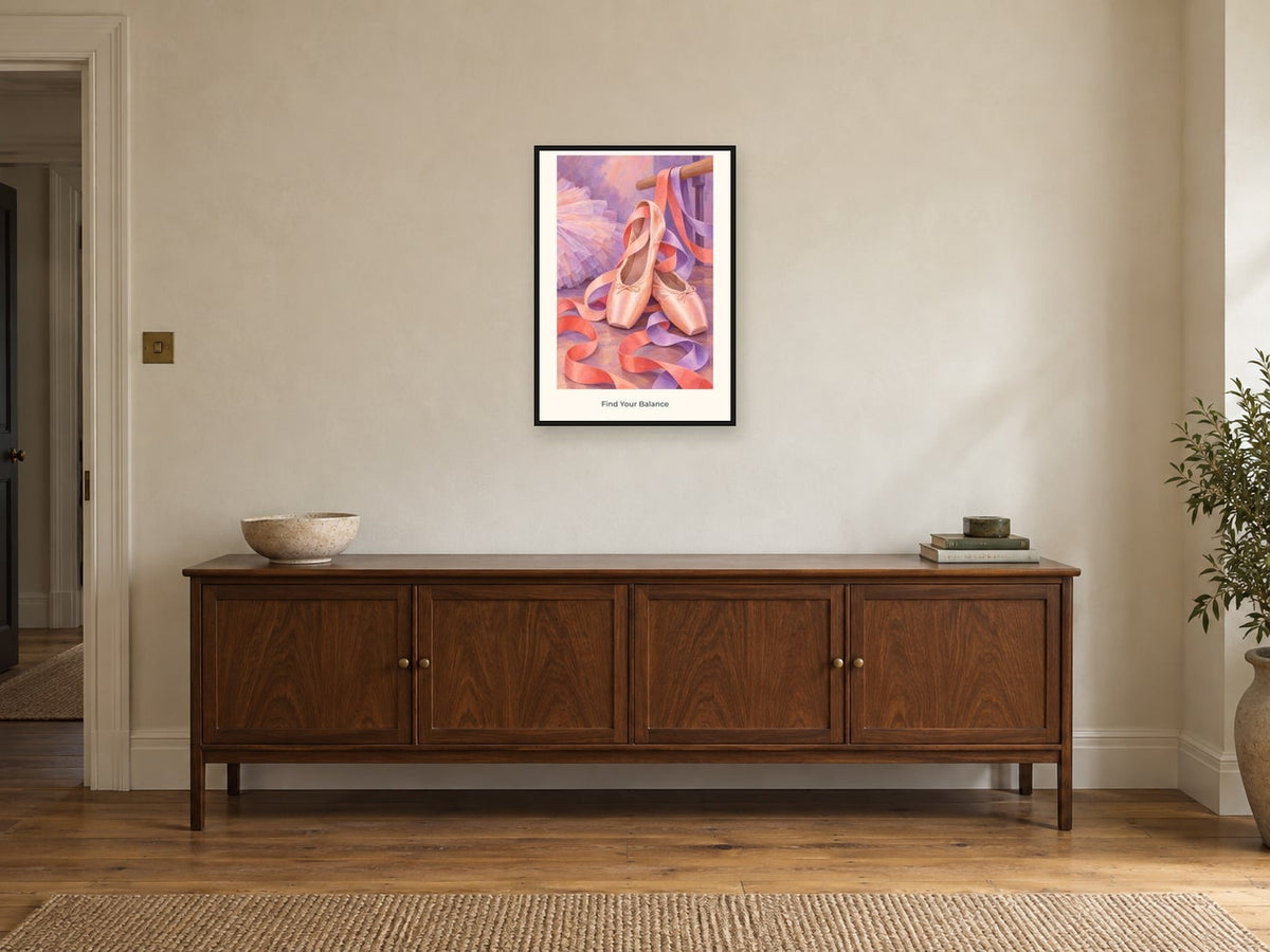 Find Your Balance — Dance Studio Children’s Art Print at A2, in a black frame, above a sideboard