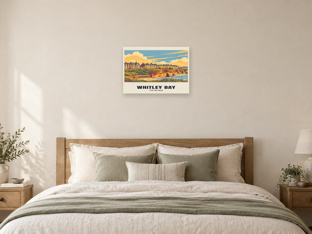 Whitley Bay — Retro Railway Art Print at A2, as a poster, above a bed