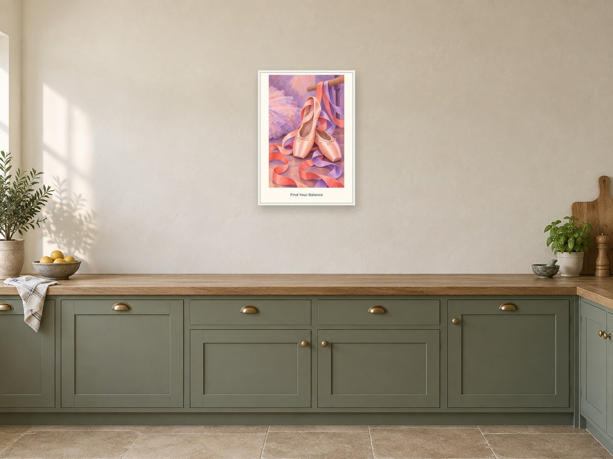 Find Your Balance — Dance Studio Children’s Art Print at A2, in a white frame, in a kitchen