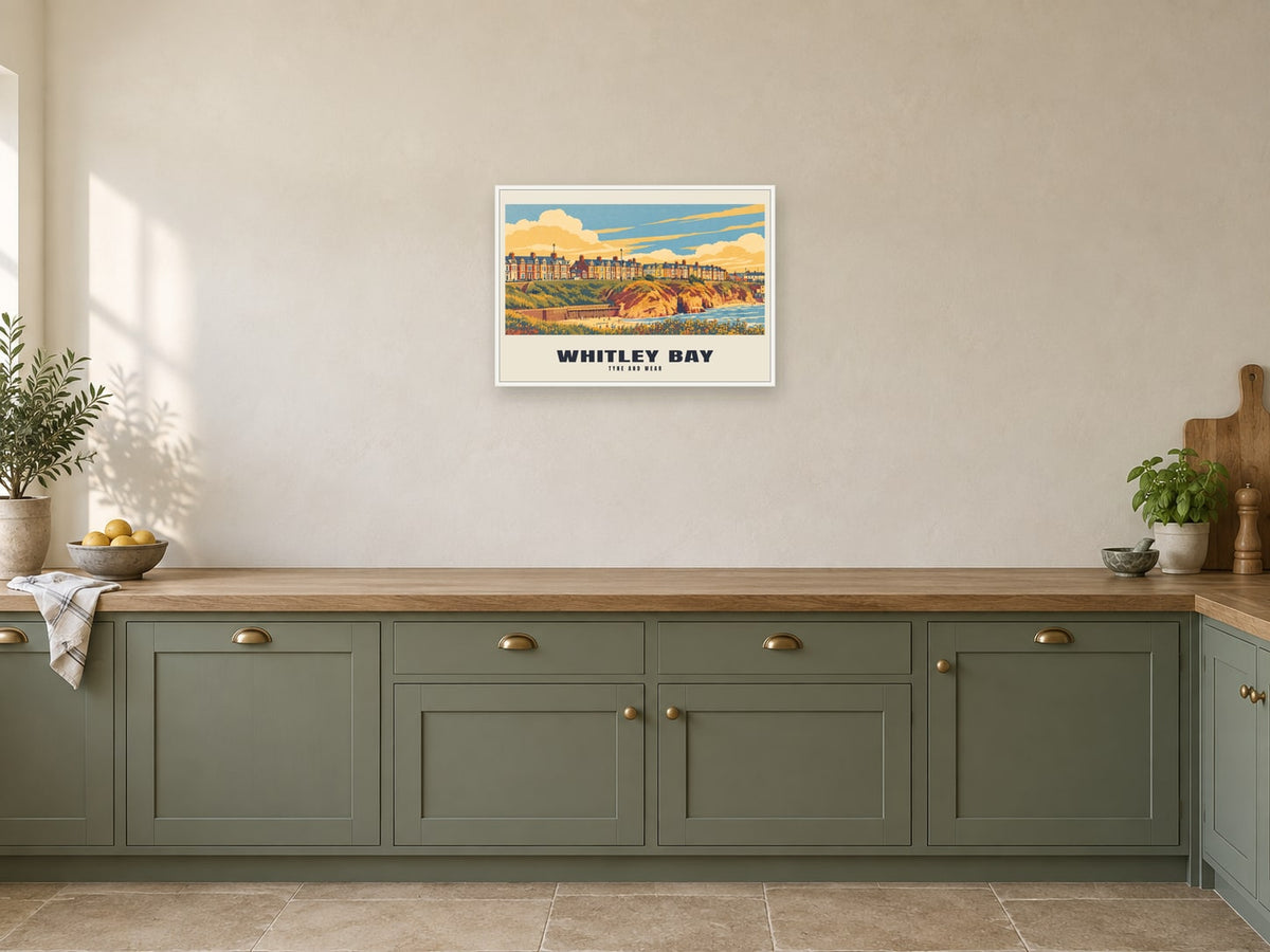 Whitley Bay — Retro Railway Art Print at A2, in a white frame, in a kitchen