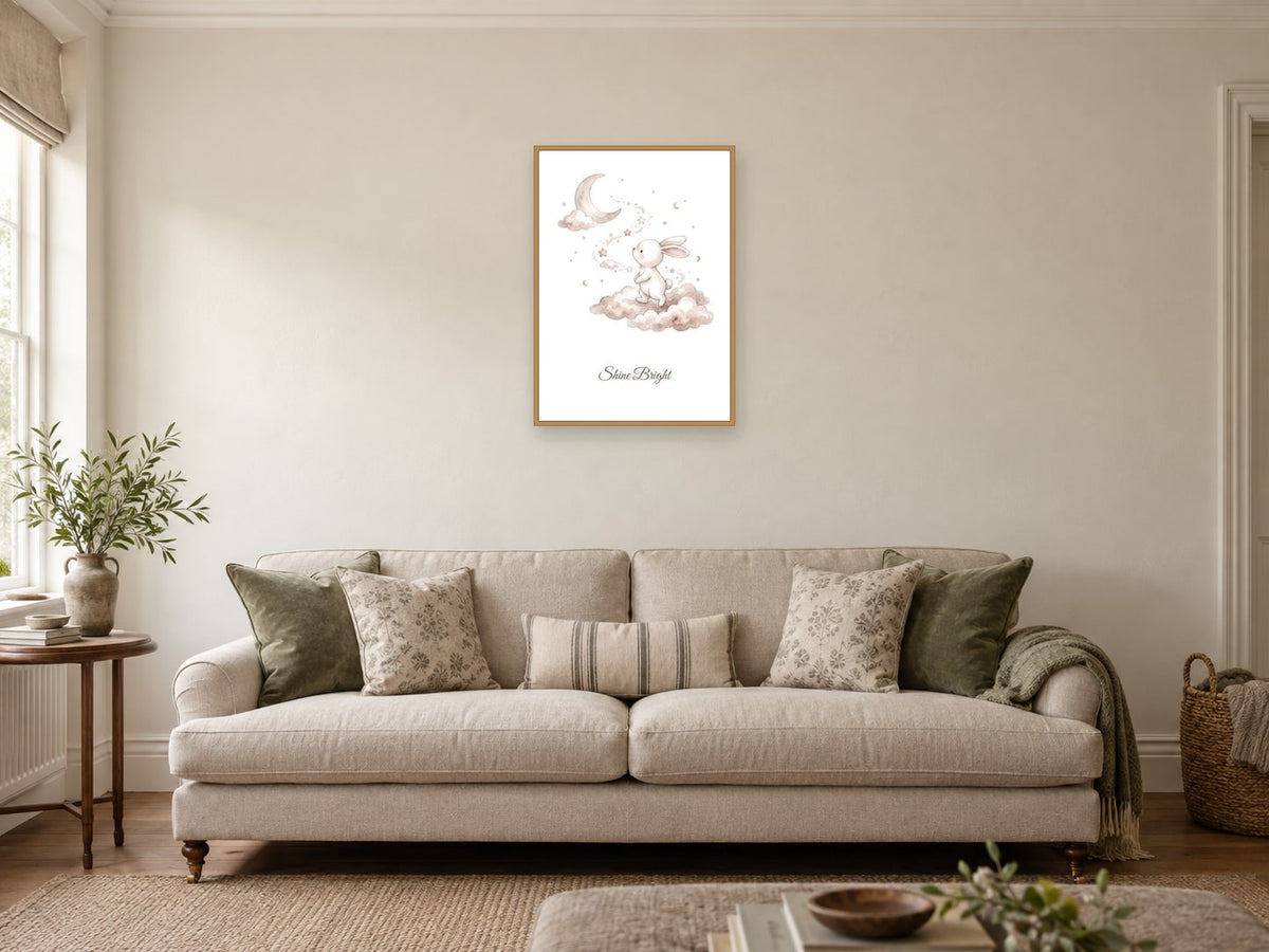 Shine Bright — Sleepy Bunny Dreams Nursery Print at A2, in a natural wood frame, in a sitting room