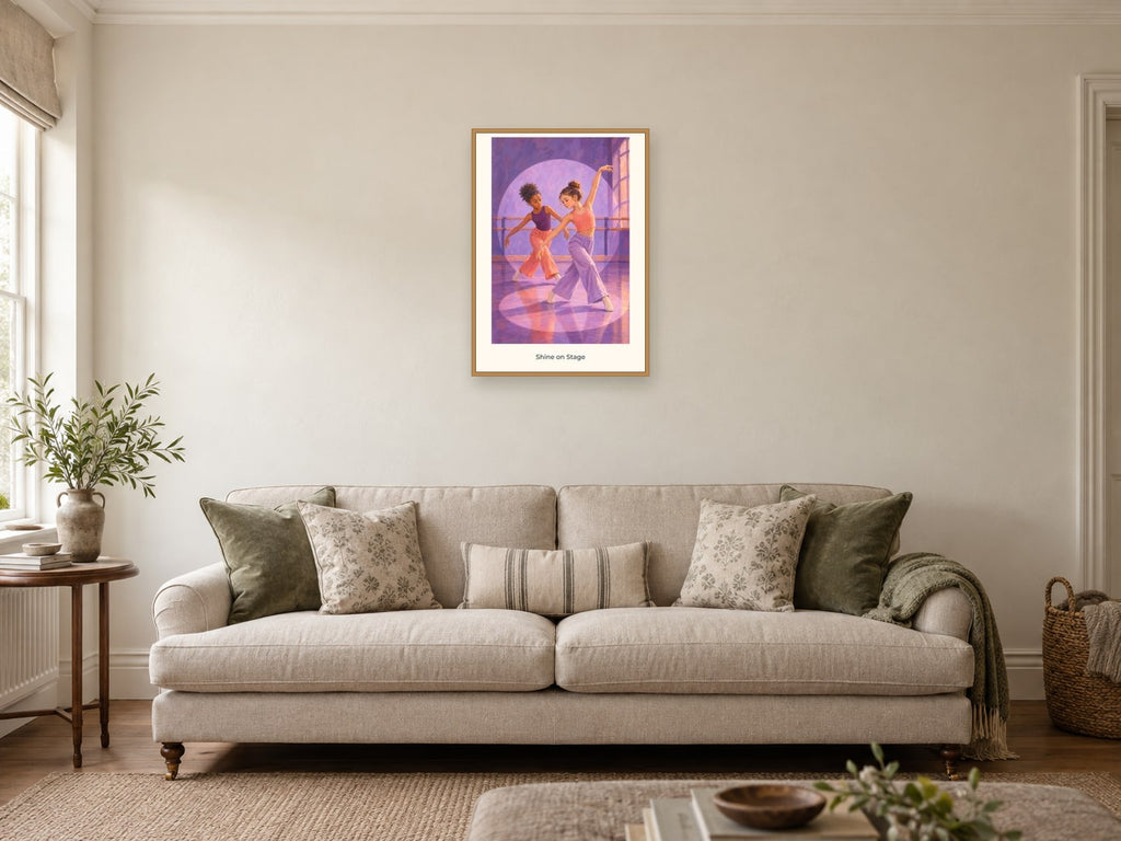 Shine on Stage — Dance Studio Children’s Art Print at A2, in a natural wood frame, in a sitting room