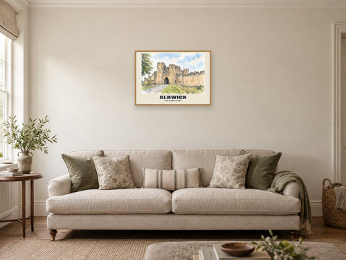 Alnwick — English Watercolour Art Print at A2, in a natural wood frame, in a sitting room