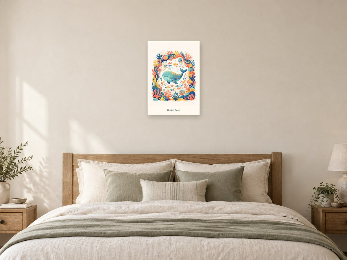 Dream Deep — Coral Kingdom Children’s Art Print at A2, as a poster, above a bed